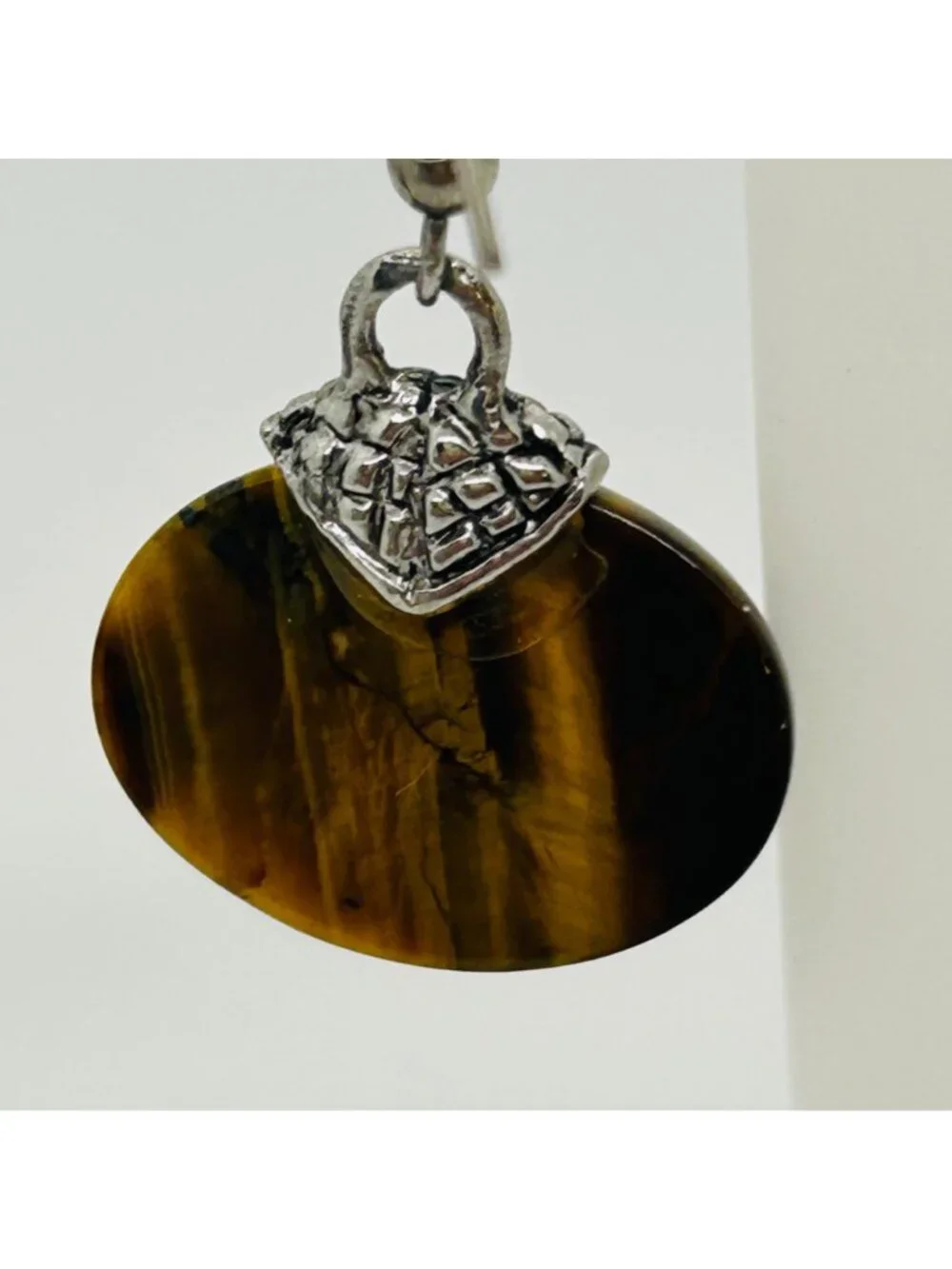 Tiger's Eye Dangle Drop Earrings Oval Gemstone Silver Tone Accents Modernist